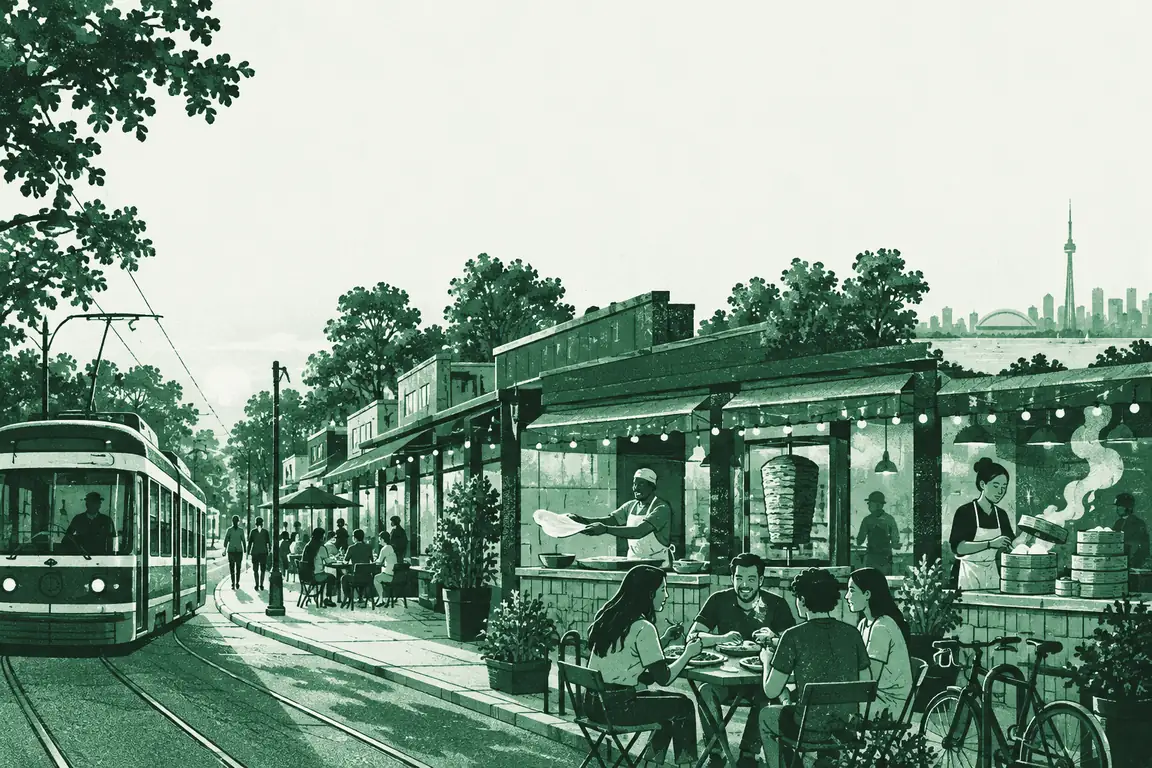 Illustration of a GTA food street: a streetcar, a plaza of small restaurants with a roti counter, a shawarma spit and steaming dim sum, friends eating outside, and the CN Tower far off.