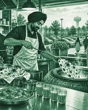 Illustration: a cook pulling naan from a tandoor in a Brampton plaza kitchen
