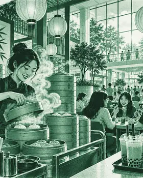 Illustration: dim sum steamers stacked high in a Markham mall food hall