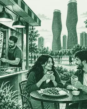 Illustration: a shawarma counter in front of Mississauga's curving towers