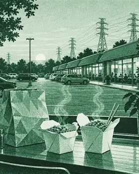 Illustration: a Scarborough strip-mall plaza at dusk, takeout boxes steaming on a counter