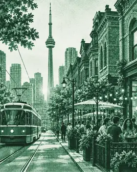 Illustration: a Toronto streetcar on a downtown street with the CN Tower behind